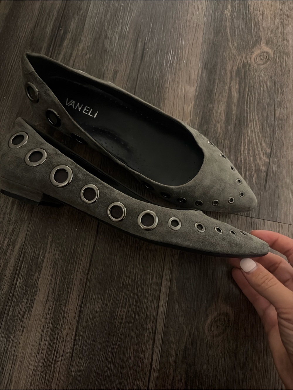 Vaneli Olive Gray Suede Pointed-Toe Flats with Grommet Accents